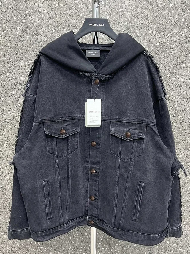 Balenciaga Oversized Hooded Fur Faux Denim Jacket Black